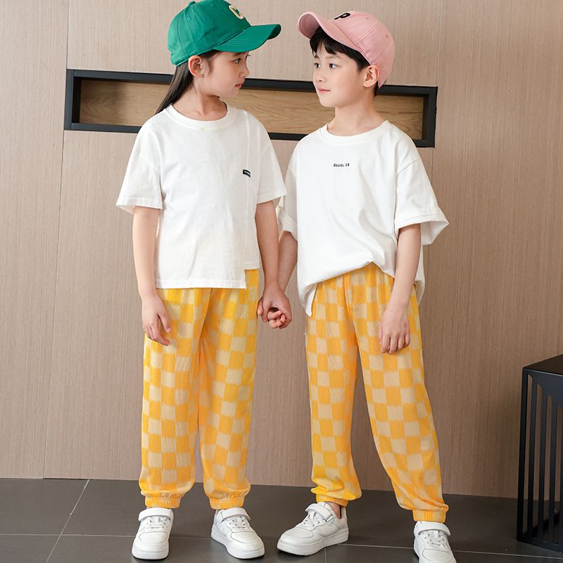 涼感透氣百搭防蚊褲/空調褲-大大格紋-黃色