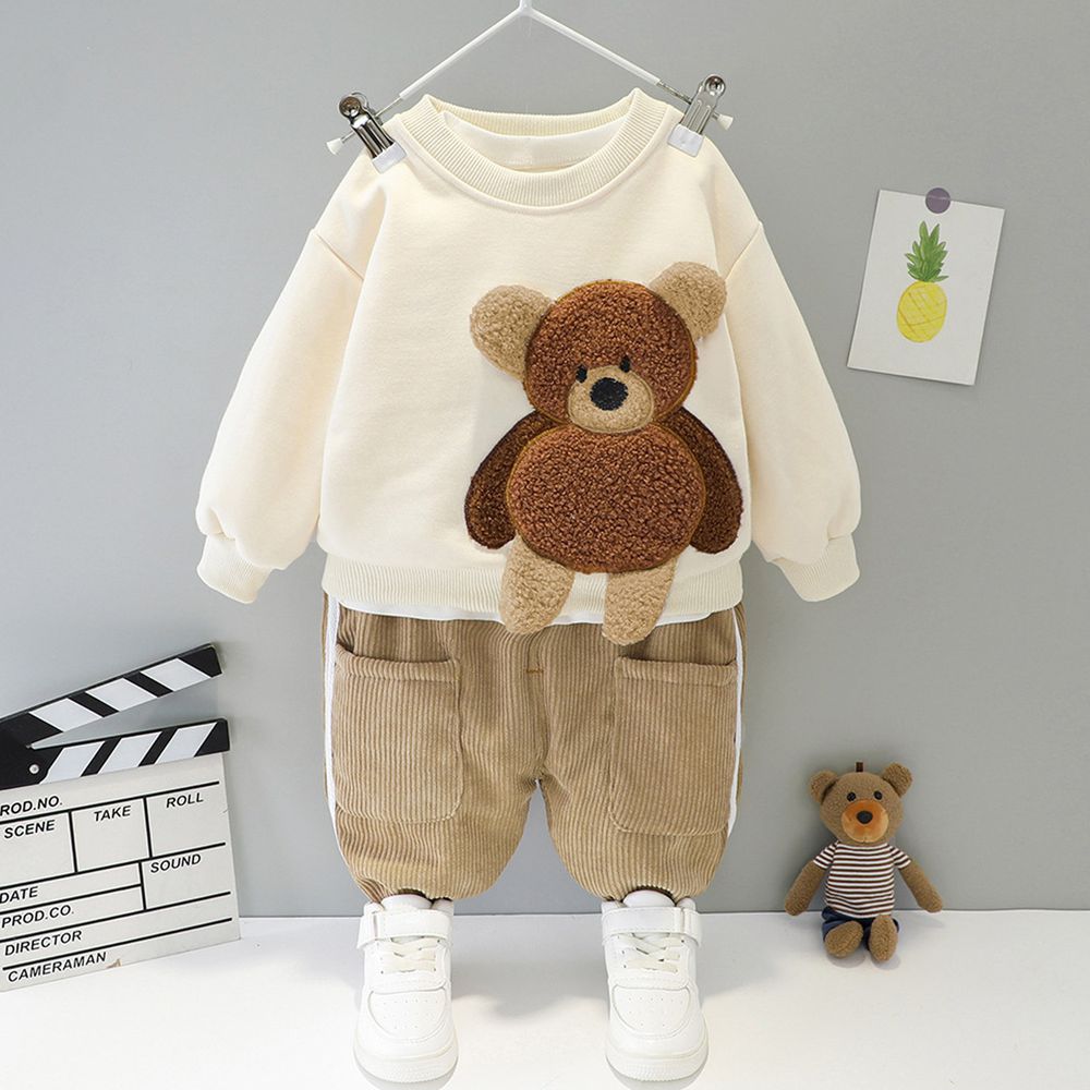 3D泰迪熊加絨套裝-上衣＋褲子-米色