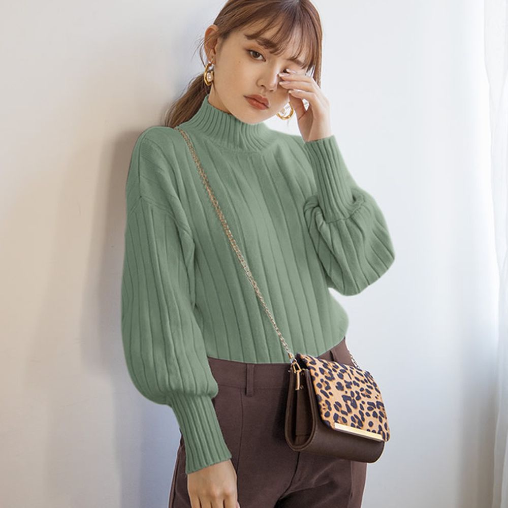 日本 GRL - 坑條紋澎袖小高領針織毛衣-綠