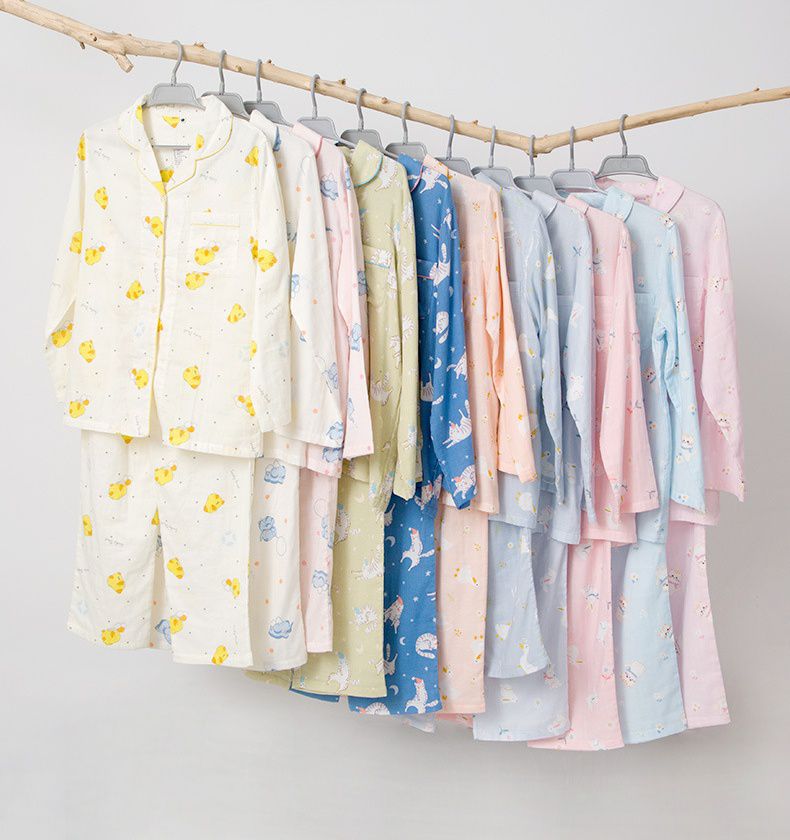 雙層棉紗布長袖家居睡衣套裝-成人款-粉橘底鴨子