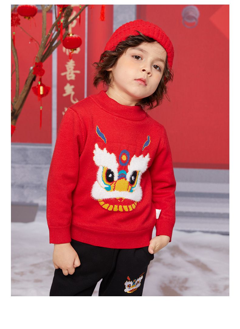 (加絨)喜氣拜年圓領針織長袖毛衣-醒獅-紅色