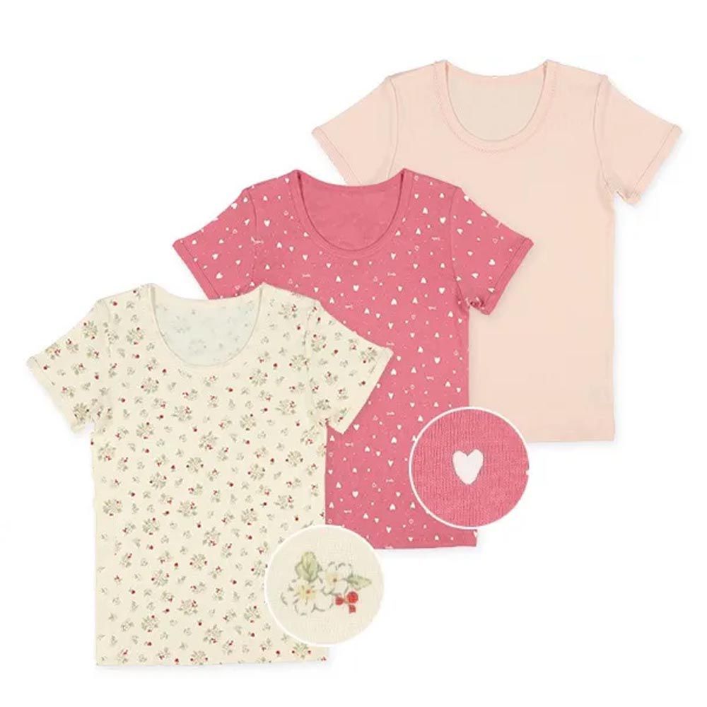 日本西松屋 - 短袖內搭/家居服超值三件組-小花愛心-玫粉紅