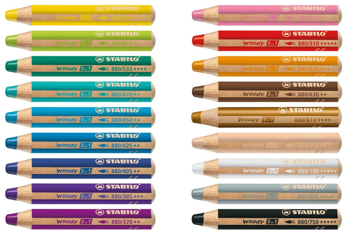 德國 STABILO - woody 3合1系列粉蠟筆-6色+削筆器 (筆芯寬10mm)-產地:捷克