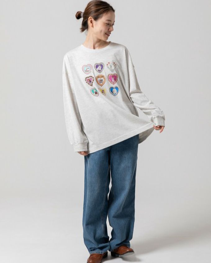 日本 gleam - 可愛貓咪相框寬版長袖T恤-白