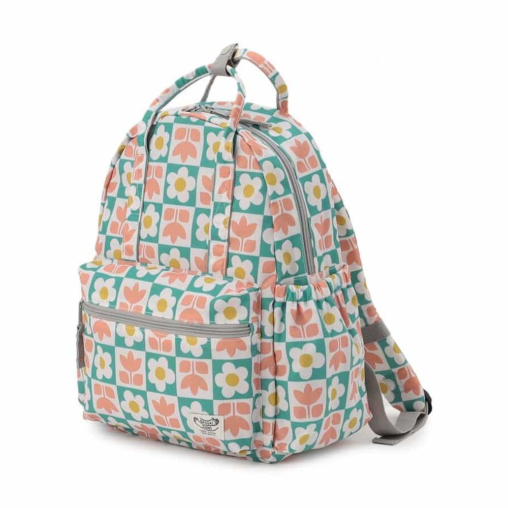 [可機洗]輕便大開口出遊背包-花朵排列-粉x綠