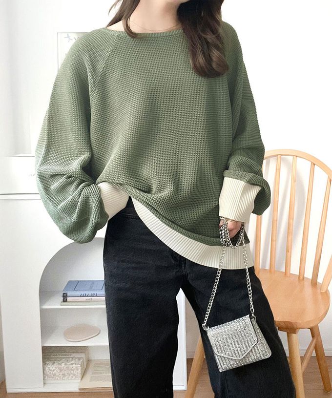 日本 Classical Elf - 透膚華夫格寬大率性長袖上衣-全黑