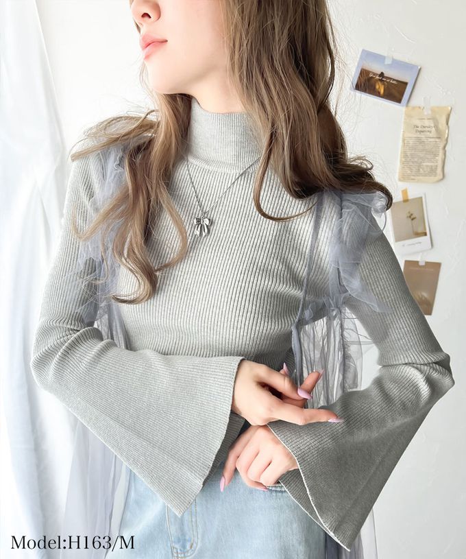 日本 Classical Elf - 羅紋修身高領喇叭袖上衣-淺灰x深棕