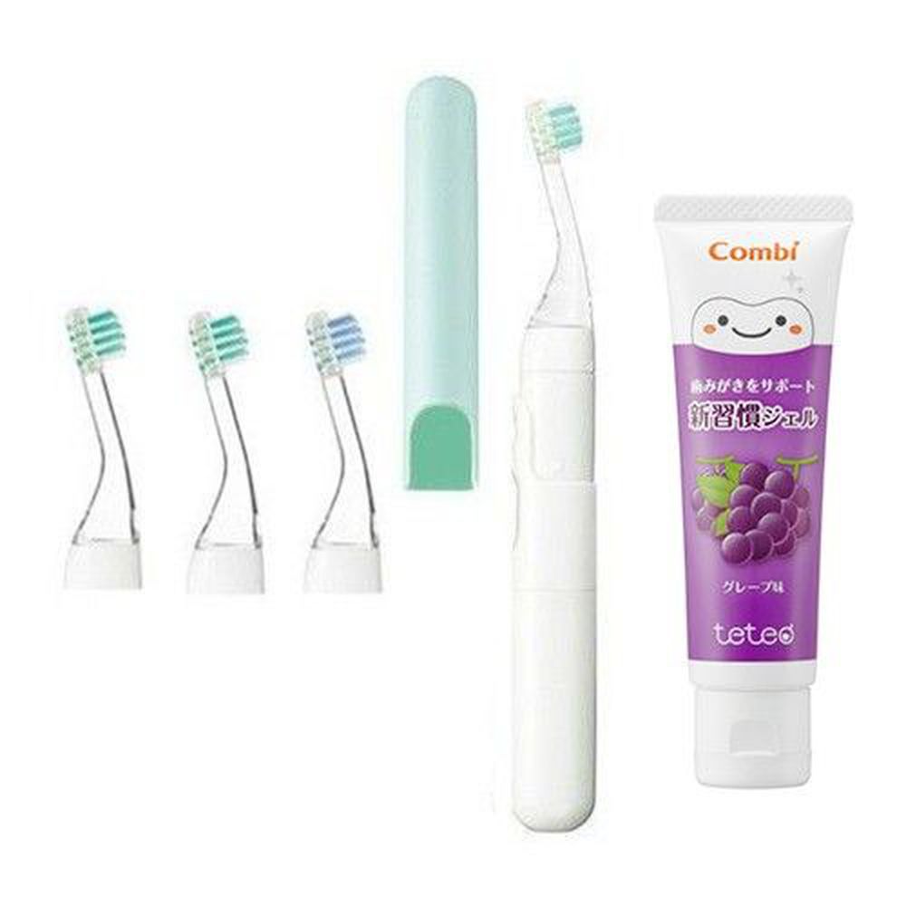 日本 Combi - teteo 幼童電動牙刷+替換刷頭x2入+含氟牙膏(葡萄)(含氟量500ppm)-薄荷綠 (約6M)