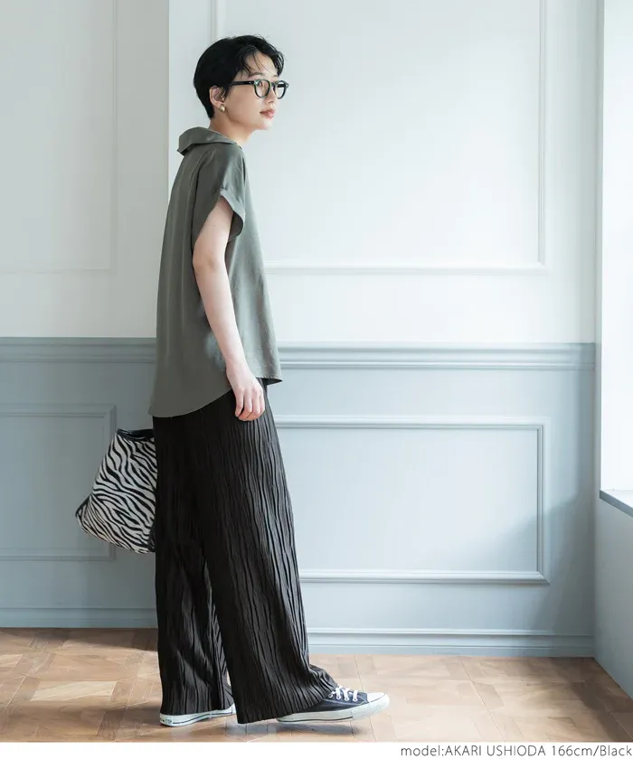 日本 COCA - [可剪裁] 百搭波浪紋垂墜寬褲-草綠