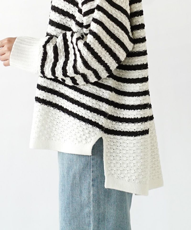 日本 zootie - 編織感柔軟抽繩連帽上衣-條紋-黑白