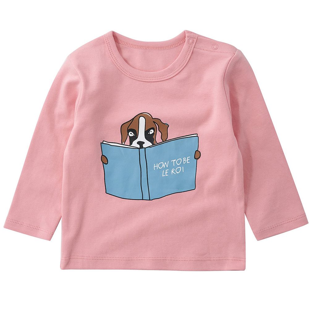 Minizone - 閱讀動物長袖T恤-無肩扣-粉色小狗