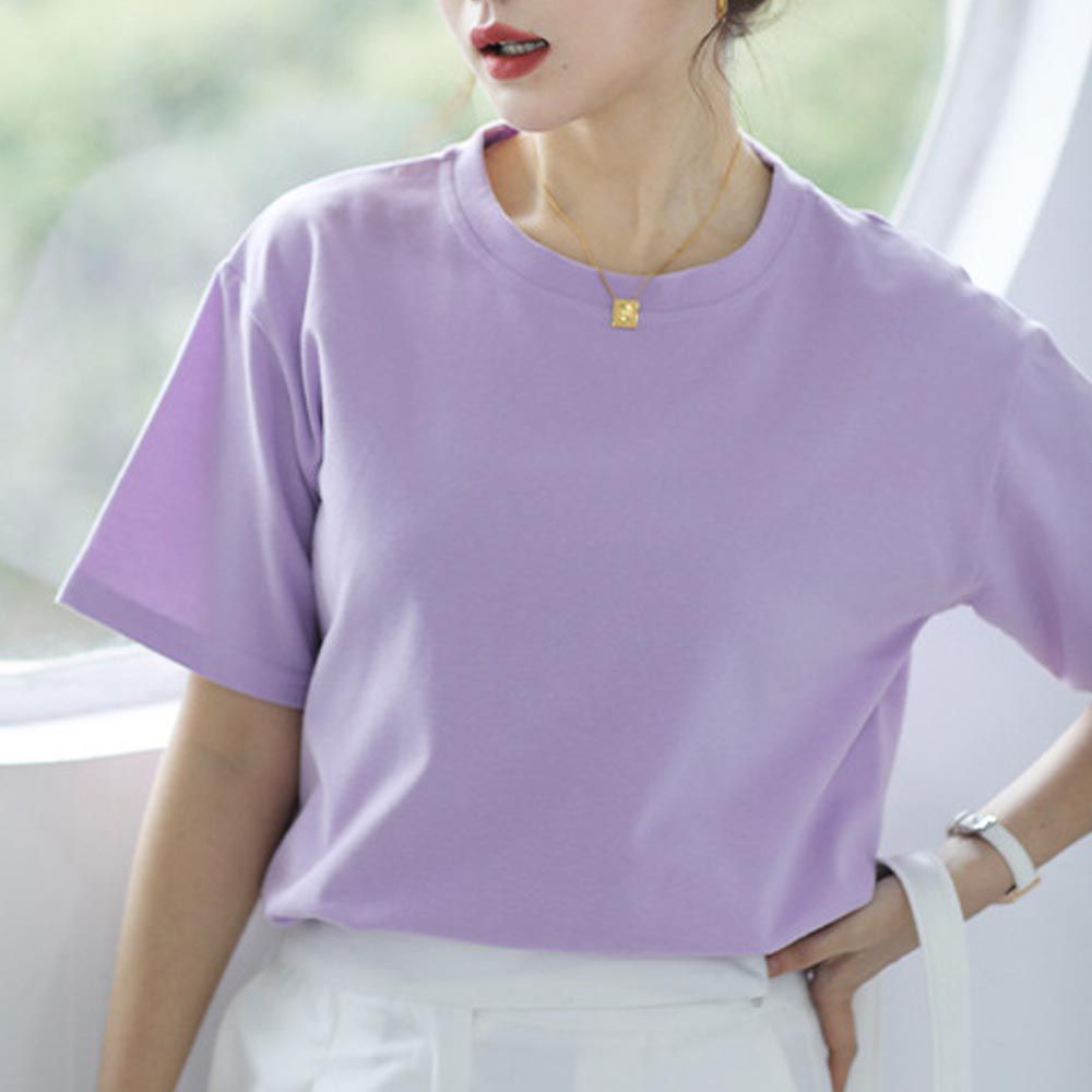 寬鬆圓領短袖上衣-紫色