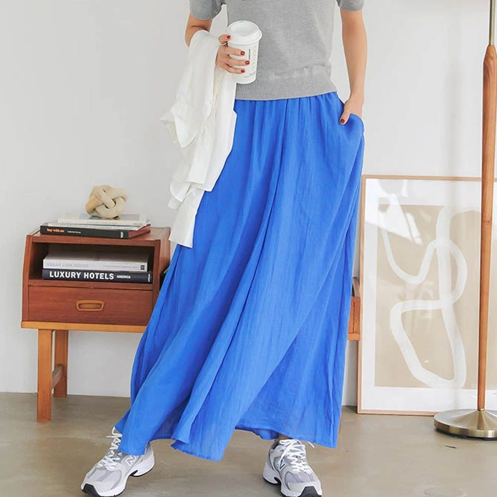 仙氣飄逸感亞麻混紡寬褲-寶藍