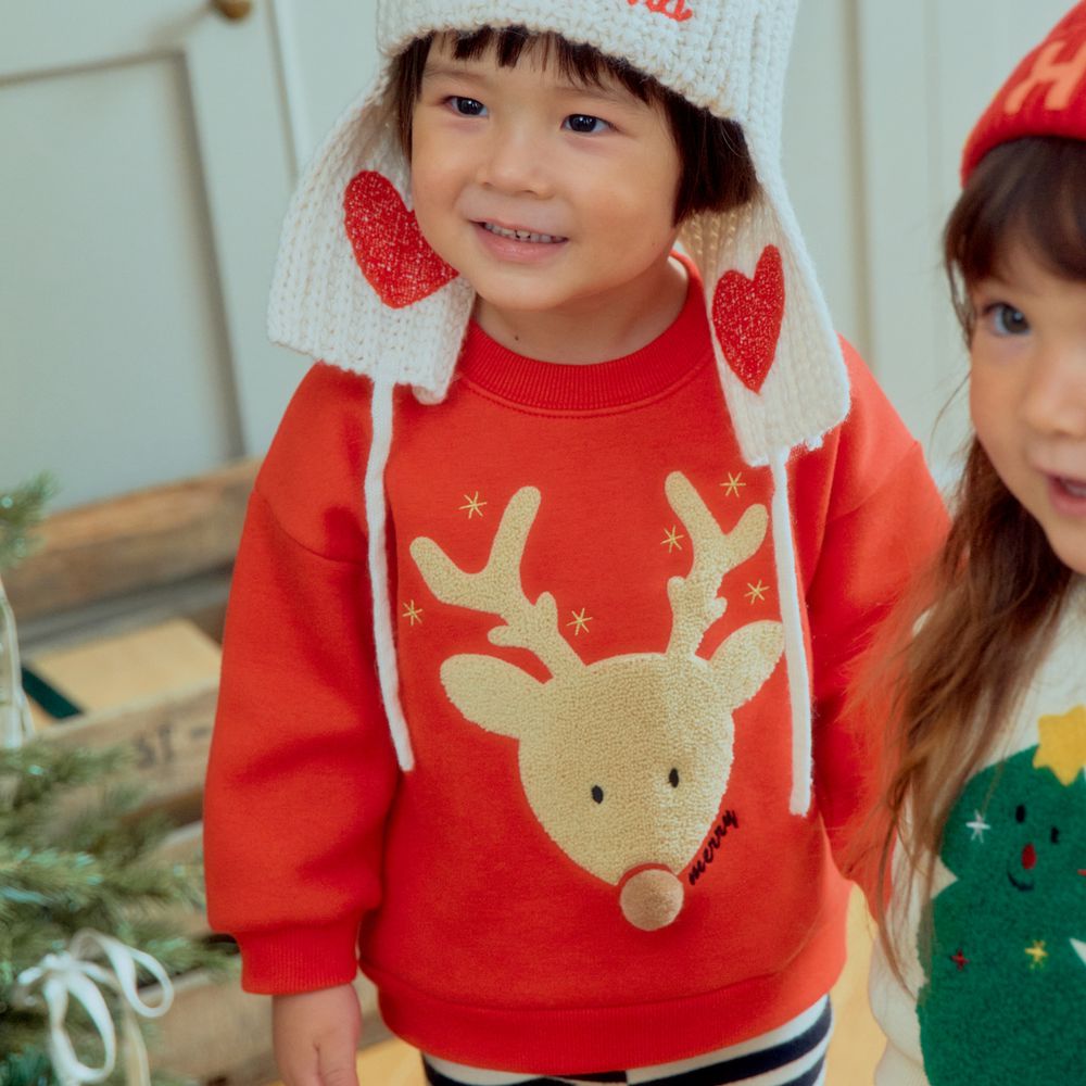 First Blue (內磨毛)聖誕裝飾長袖大學T-馴鹿-紅