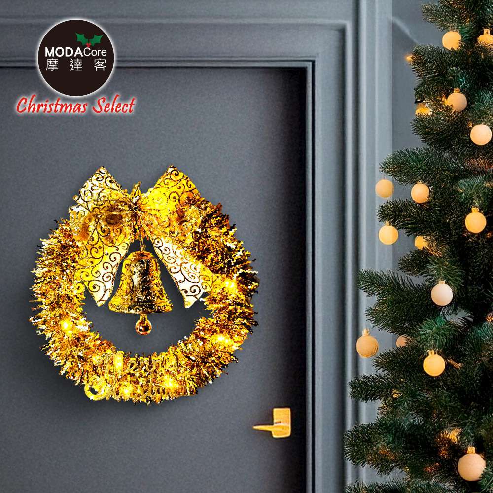 11吋璀璨金運系金蔥彎絲聖誕花圈+20燈LED暖白光燈串_本島免運費