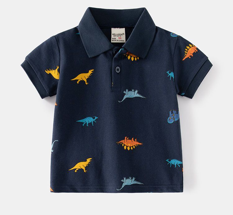 WELLKIDS - 純棉休閒翻領短袖襯衫-繽紛恐龍-白色