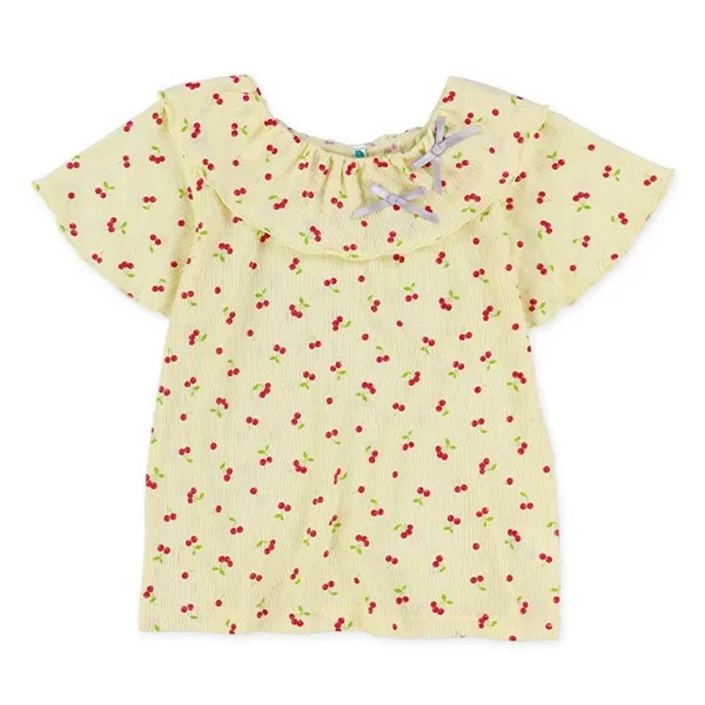 楊柳柔軟荷葉翻領短袖上衣-櫻桃-淺黃