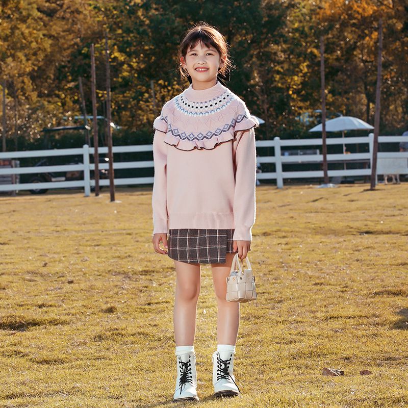 北歐圖騰木耳花邊細針織毛衣-紅色