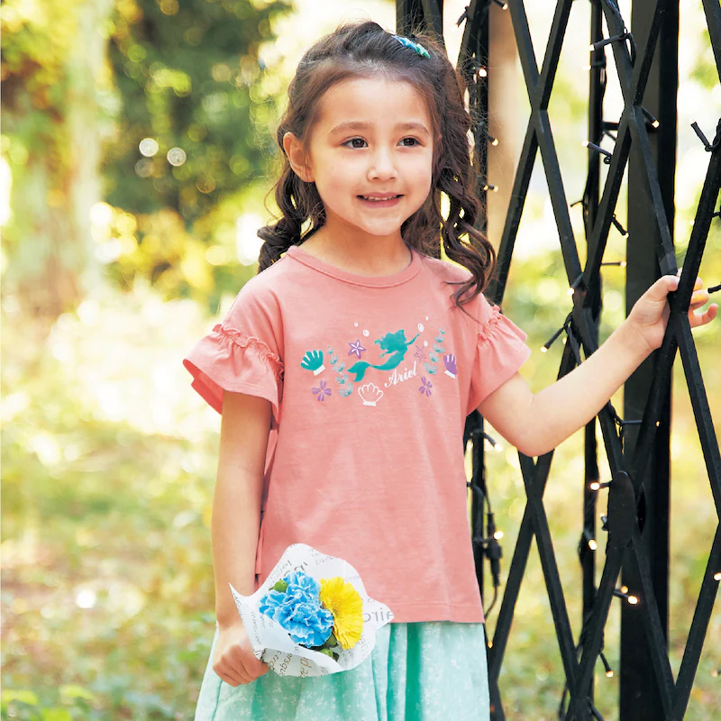 日本千趣會 - 迪士尼天竺棉荷葉袖短T-小美人魚剪影-粉