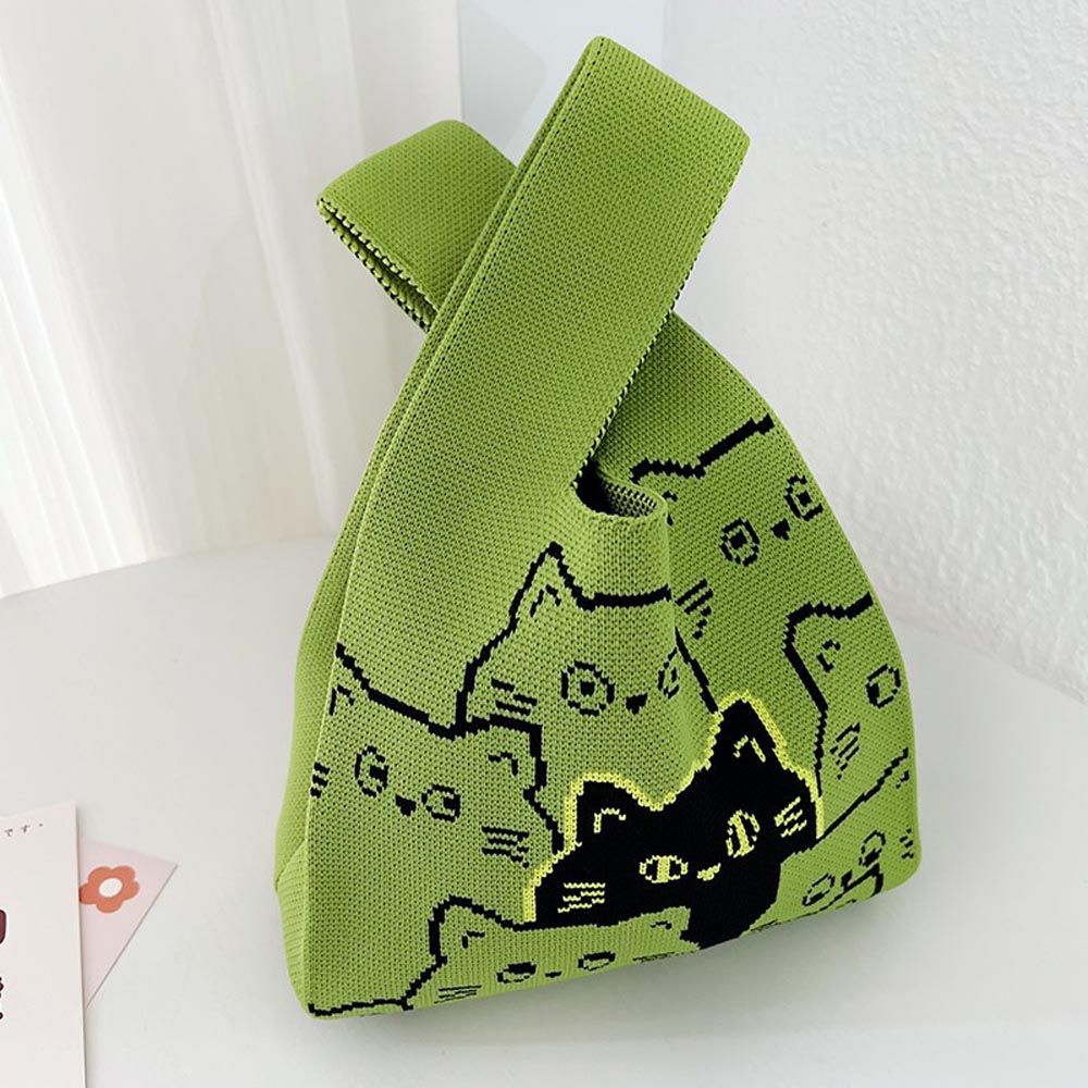 輕便休閒針織手拿包/手提包-綠色貓貓 (20x35cm)
