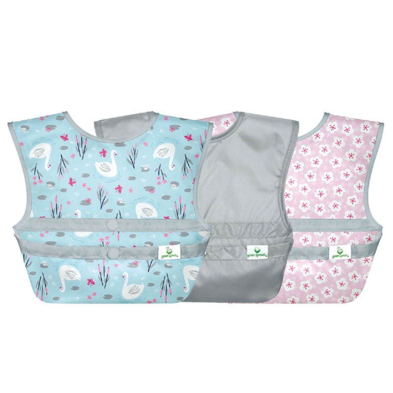 美國 green sprouts - 小綠芽魔鬼氈雙面防水/防食物掉落圍兜三入組-天鵝&花