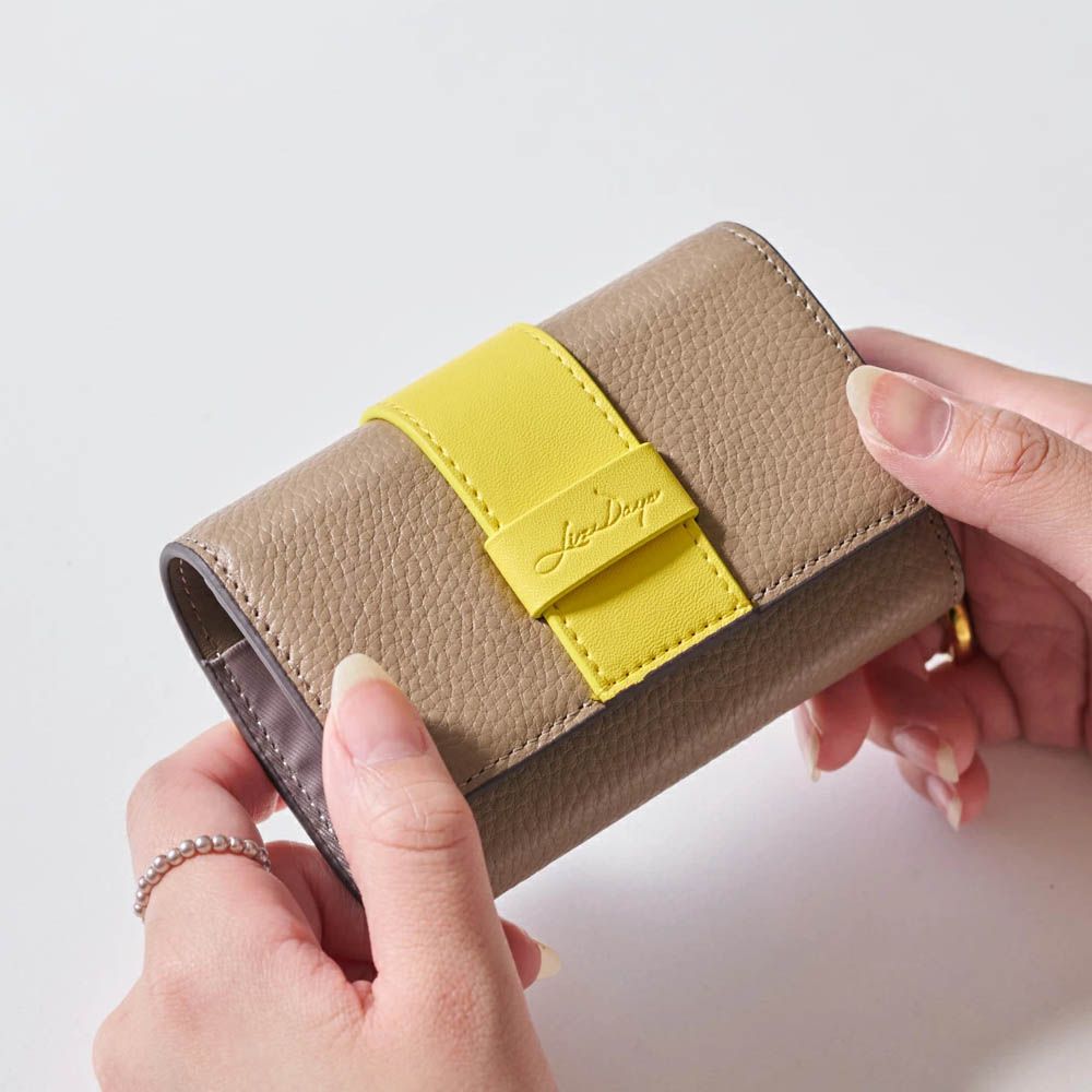 真皮迷你三折配色風琴短夾-卡其x黃