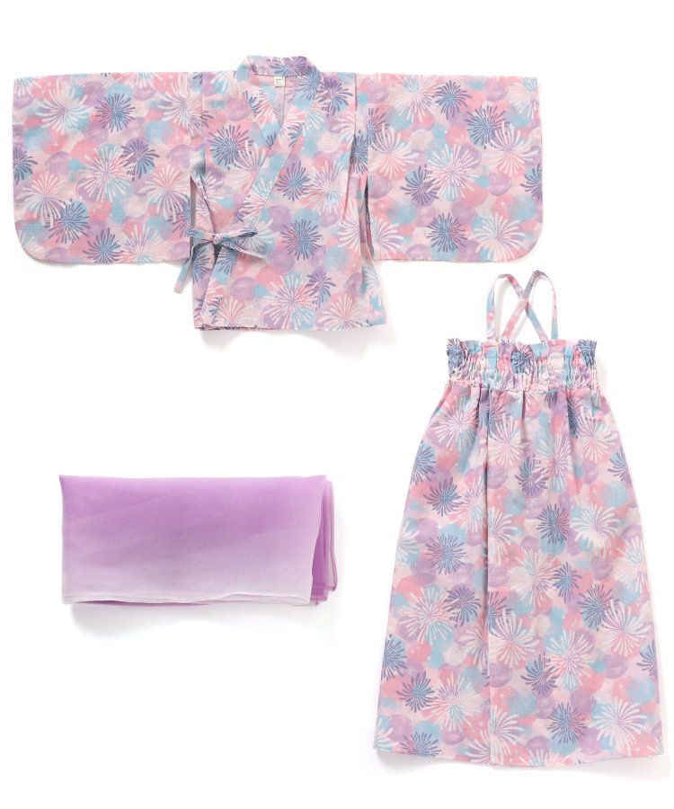 日本 apres les cours - 華麗腰帶風純棉二件式浴衣-椿花-紅藍條紋