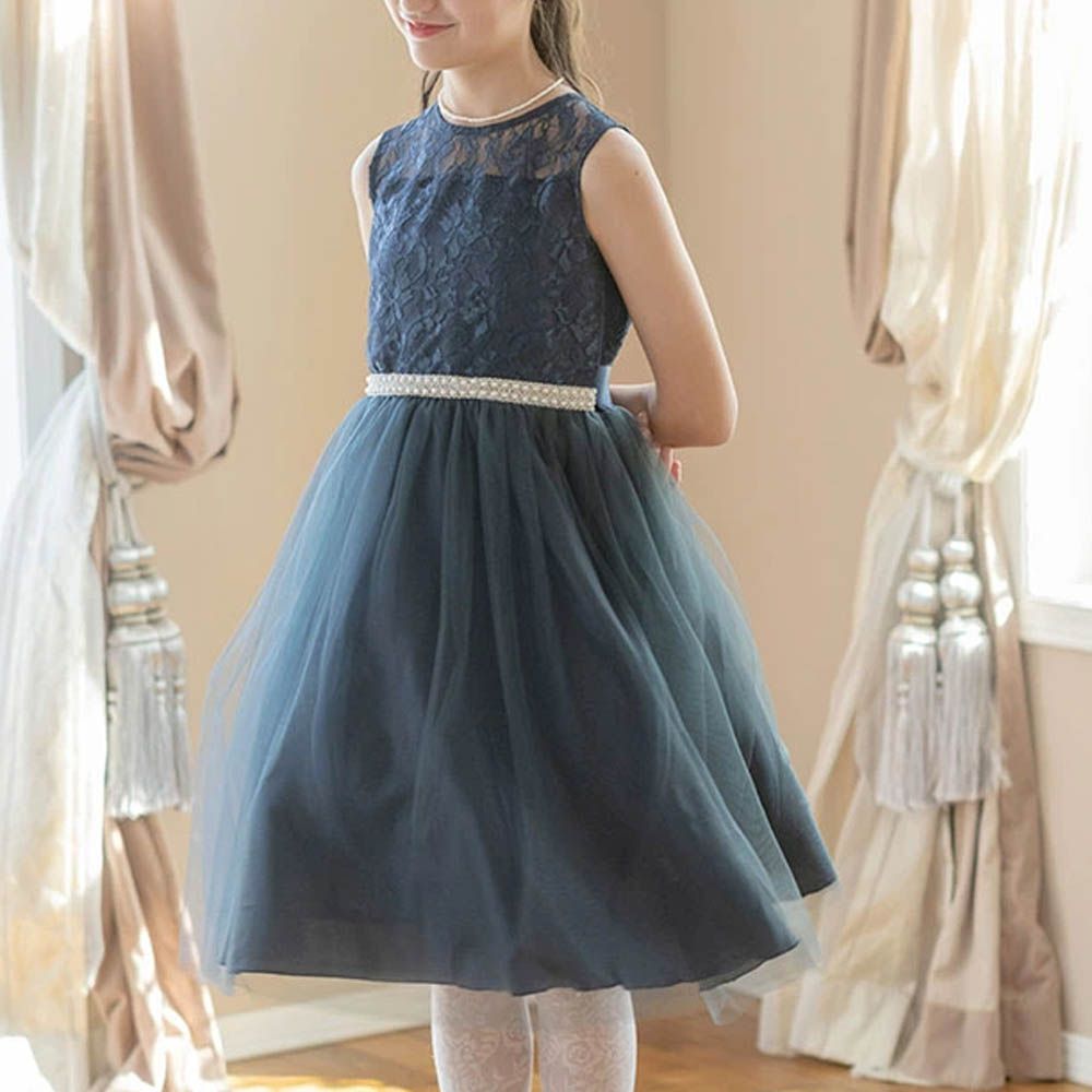 夢幻珍珠點綴薄紗洋裝/小禮服-海軍藍