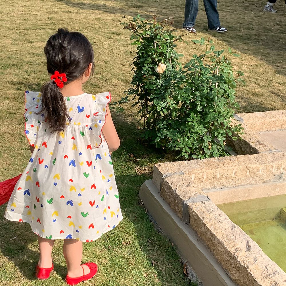 浪漫荷葉袖棉質連身洋裝-繽紛愛心-白色