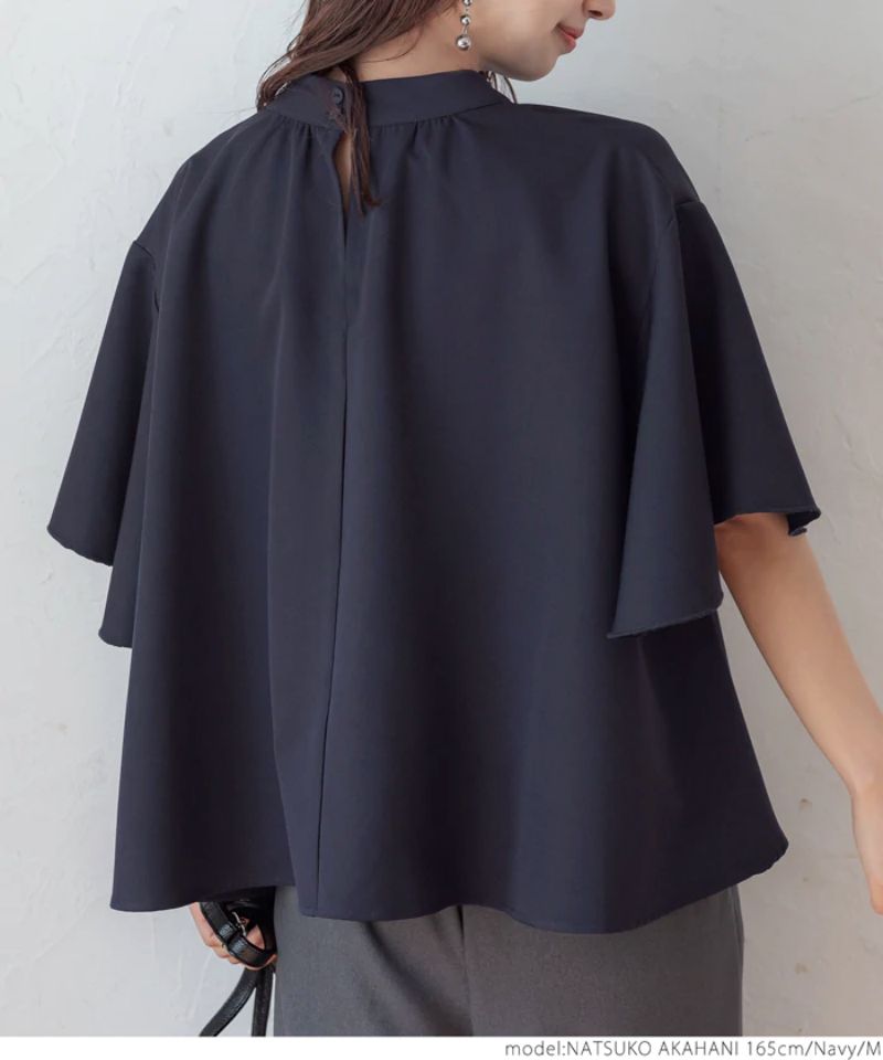 日本 COCA - 垂墜荷葉袖小立領短袖上衣-白