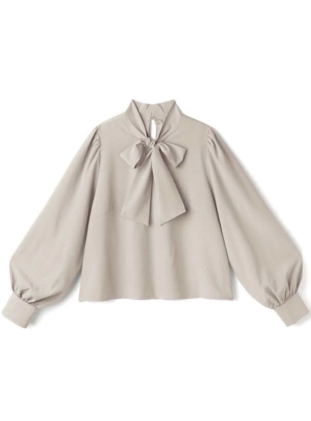 日本 GRL - 緞面蝴蝶結澎袖上衣-氣質米