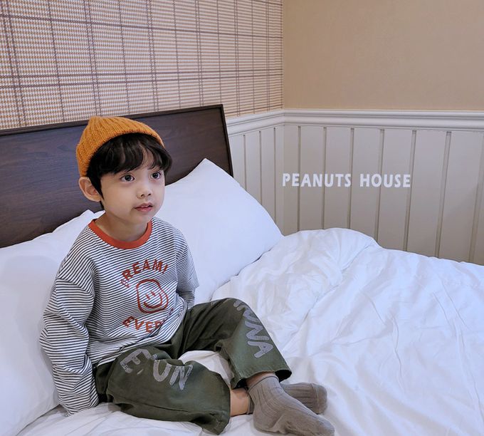 韓國 Peanuts House - 笑臉印細橫紋長袖上衣-紅X綠