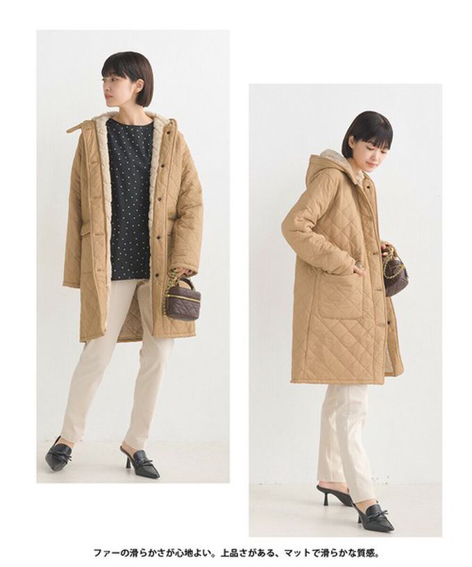 日本 OMNES - 厚刷毛衍縫鋪棉長版連帽保暖外套-杏 (M)