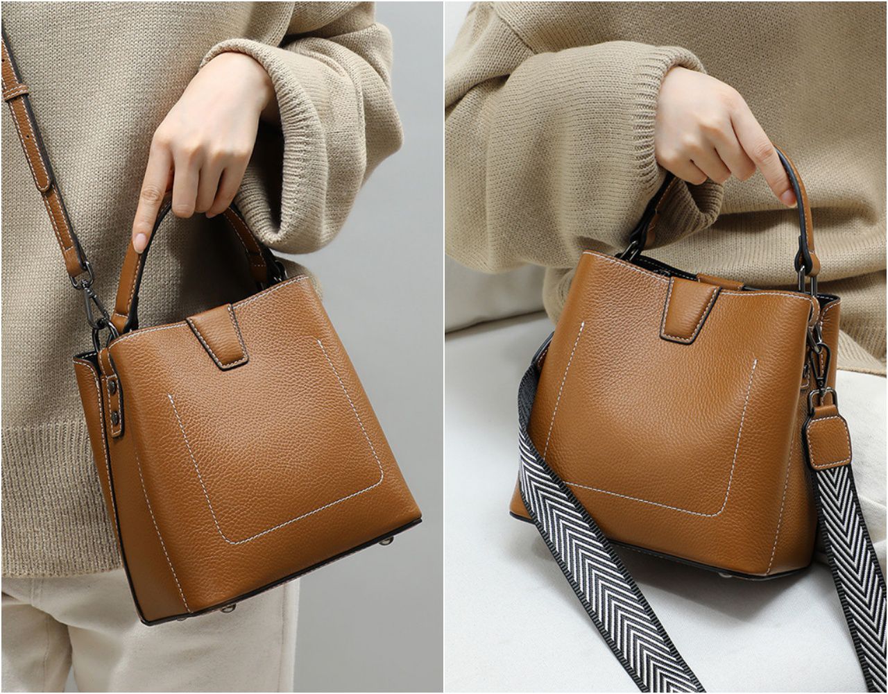 真皮小水桶單肩斜挎包-附2種背帶-酒紅色 (19.5x20x12cm)