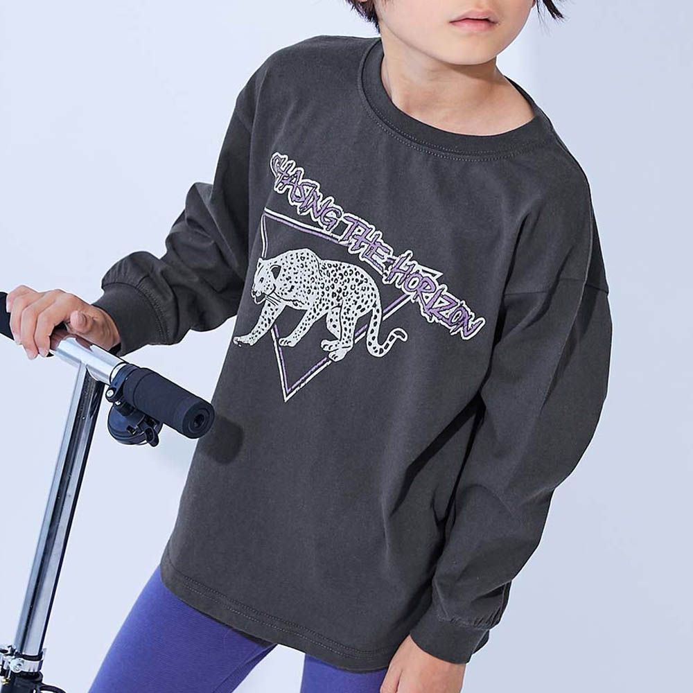 100%棉 定番印花寬版長袖上衣-花豹-黑