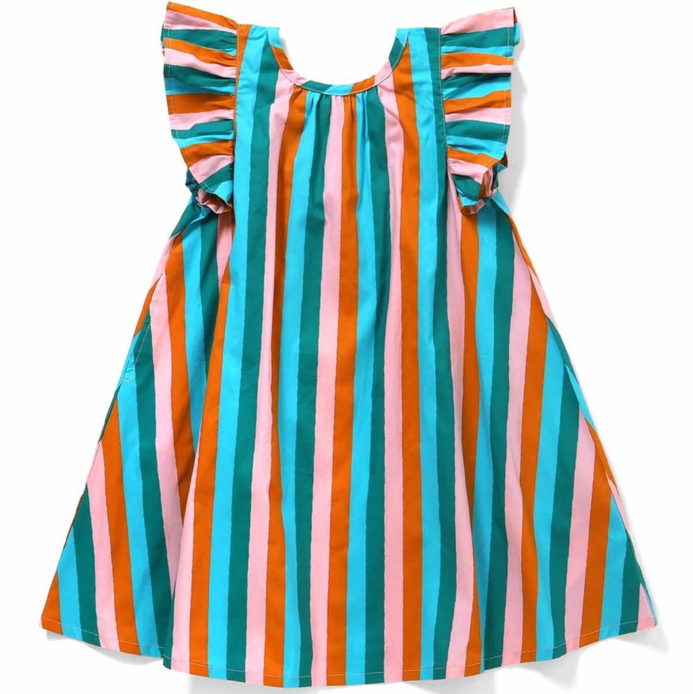 特色滿版印花荷葉短袖洋裝-直條紋-藍綠紅