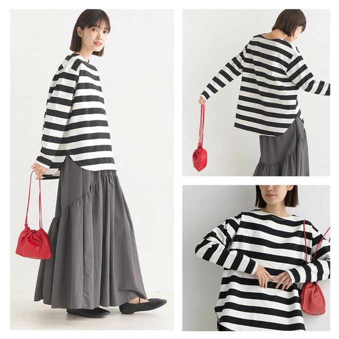 日本 OMNES - 純棉厚磅定番條紋長袖上衣-黑x白