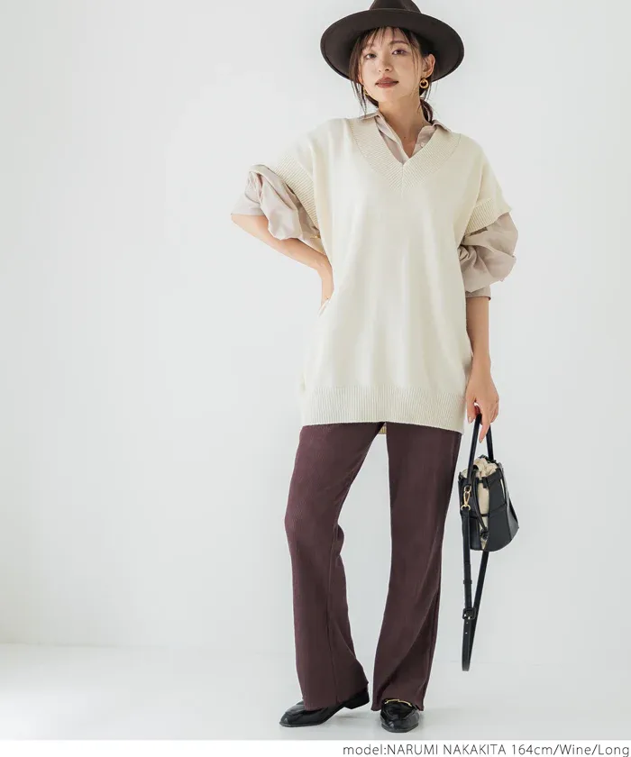 日本 COCA - 秋冬款燈芯絨百搭寬褲-酒紅