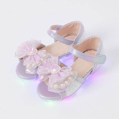 韓國 OZKIZ - (LED)珍珠亮片網紗蝴蝶結公主涼鞋-淡紫