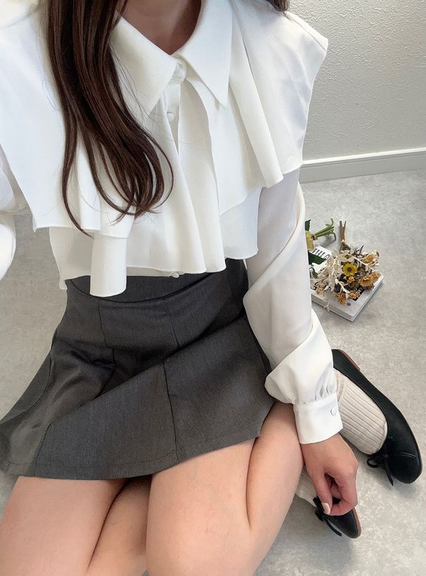 日本 GRL - 優雅層次翻領長袖襯衫-米白 (F)