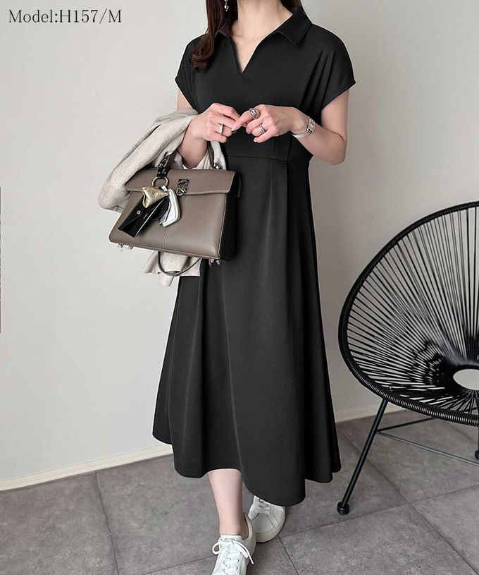 日本 Classical Elf - 接觸冷感 優美V領腰綁帶短袖洋裝-長版-黑