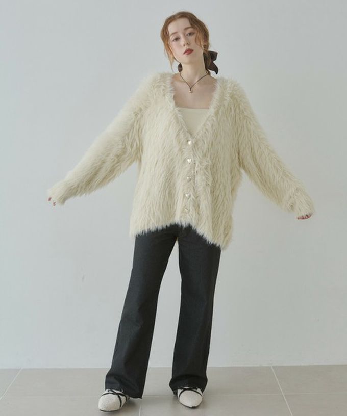 日本 Bab - 奢華毛海愛心扣前後2way開襟衫-長版-果綠