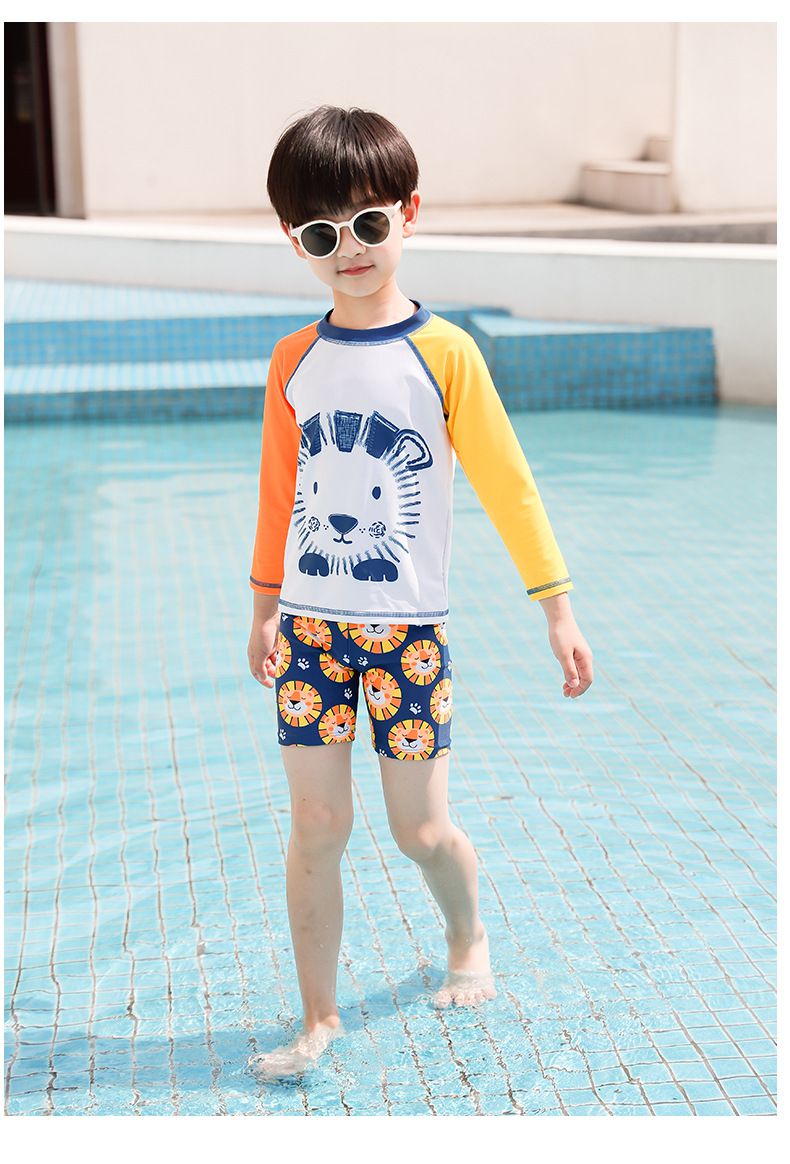 男寶短袖連身泳裝-Q萌獅子-橘+白+黃