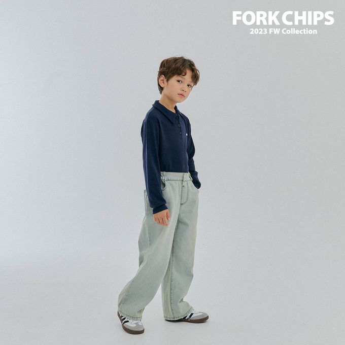 韓國 FORK CHIPS - 金屬裝飾直坑條翻領長袖上衣-深藍
