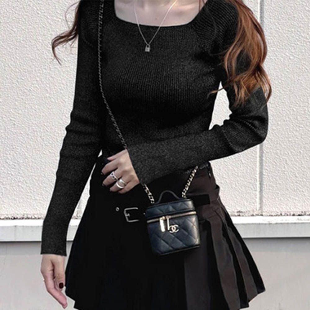 法式方領羅紋針織上衣-典雅黑