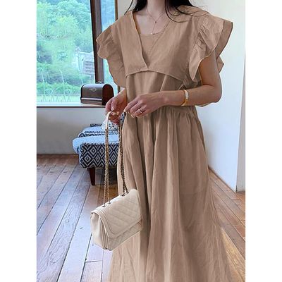 日本 GRL - 文藝感荷葉袖綁帶兩件式洋裝-深卡其 (F)
