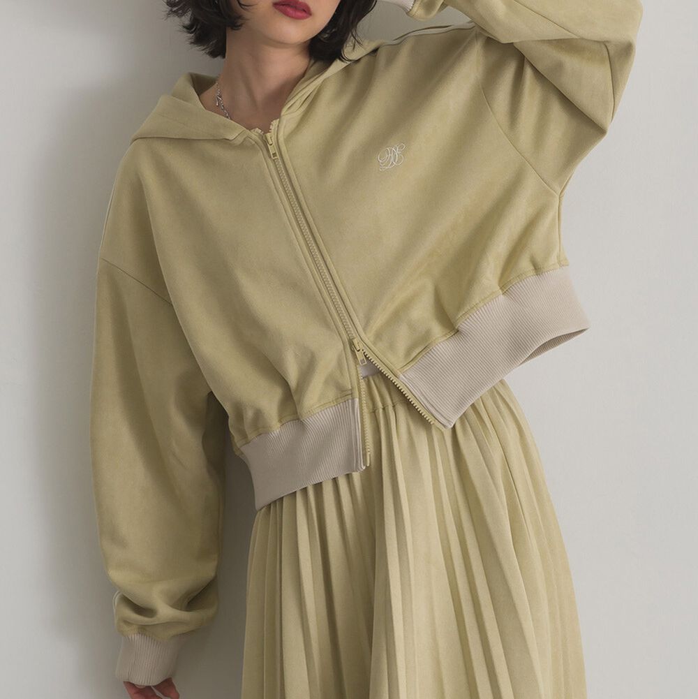 麂皮俐落雙拉鍊短版連帽外套-煙燻黃