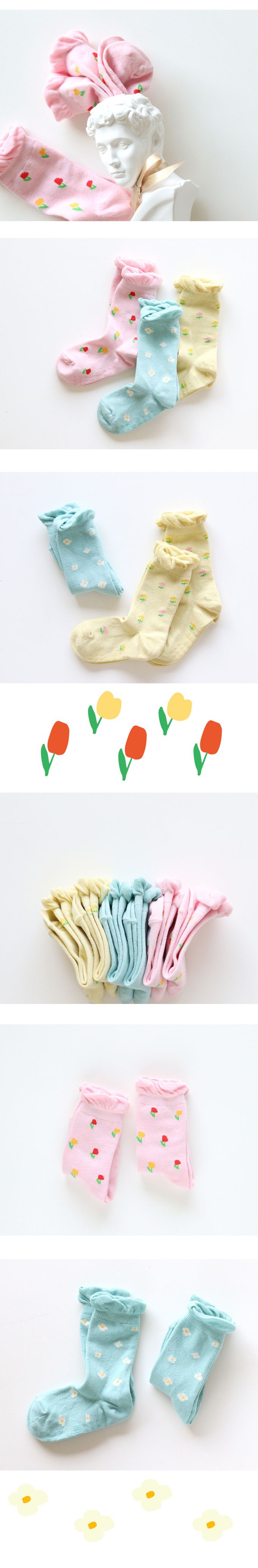 韓國 Kokacharm - 兒童中長襪/襪子三入組-滿版小花-湖藍X黃X粉