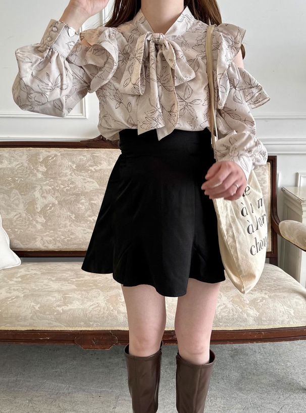 日本 GRL - 淡色女子碎花扭結上衣-咖啡 (F)