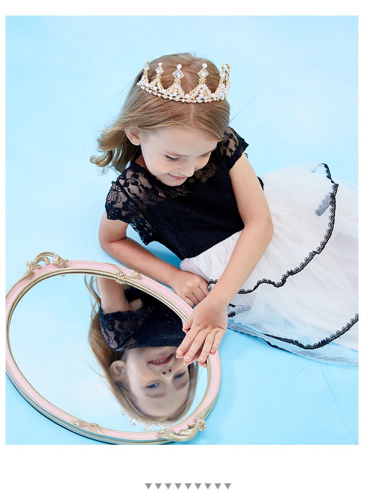 甜美網紗蛋糕裙蕾絲短袖洋裝-蕾絲上衣-黑+白